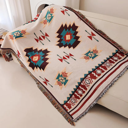 Plaid Bohème Aztec avec Franges – Élégance Vintage Géométrique