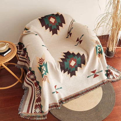 Plaid Bohème Aztec avec Franges – Élégance Vintage Géométrique