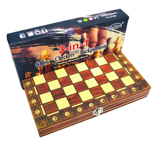 "Jeu 3-en-1 Magnétique Bois: Échecs, Dames, Backgammon"