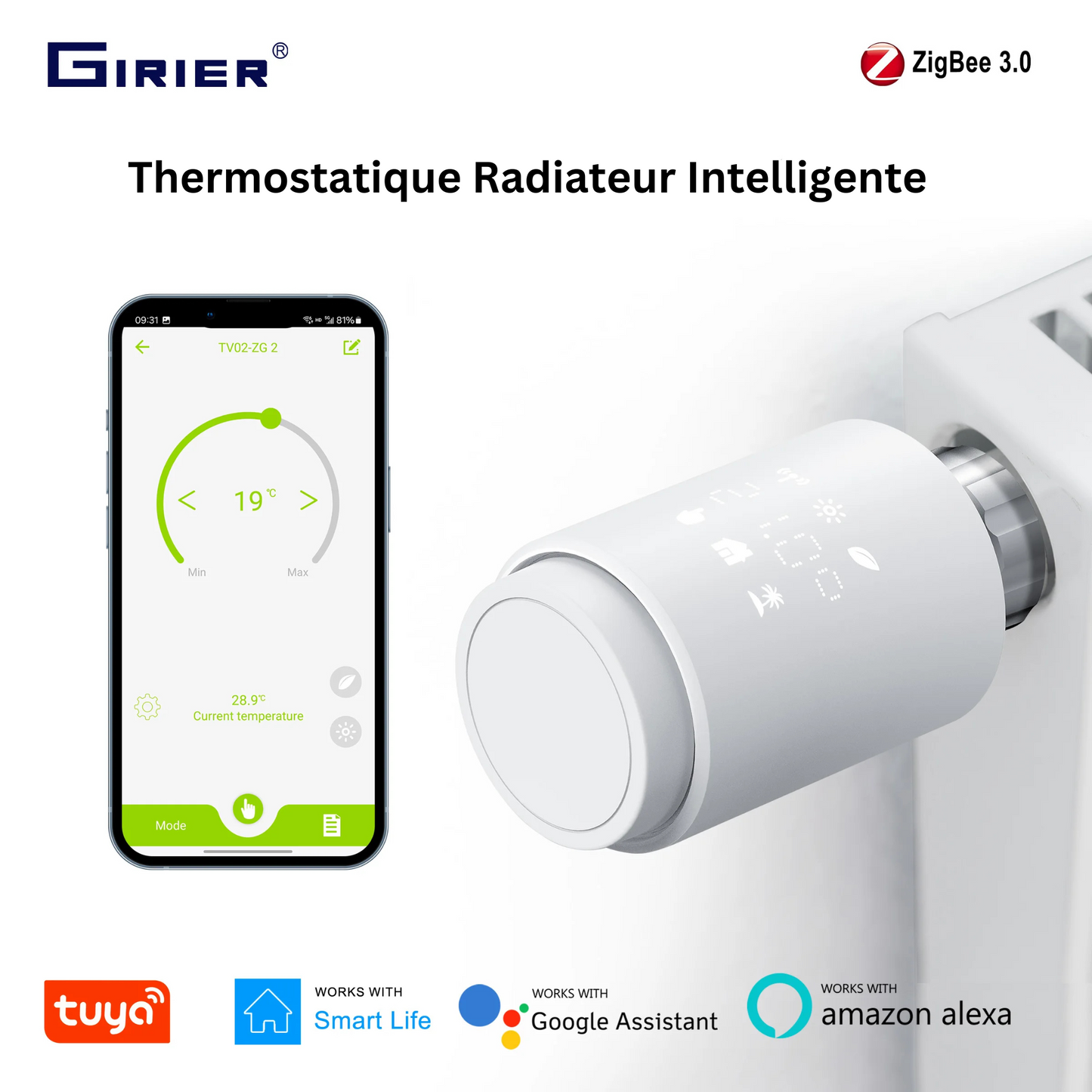 Thermostat Radiateur ZigBee GIRIER, Programmable et Connecté