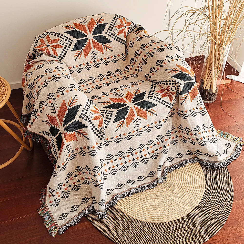 Plaid Bohème Aztec avec Franges – Élégance Vintage Géométrique